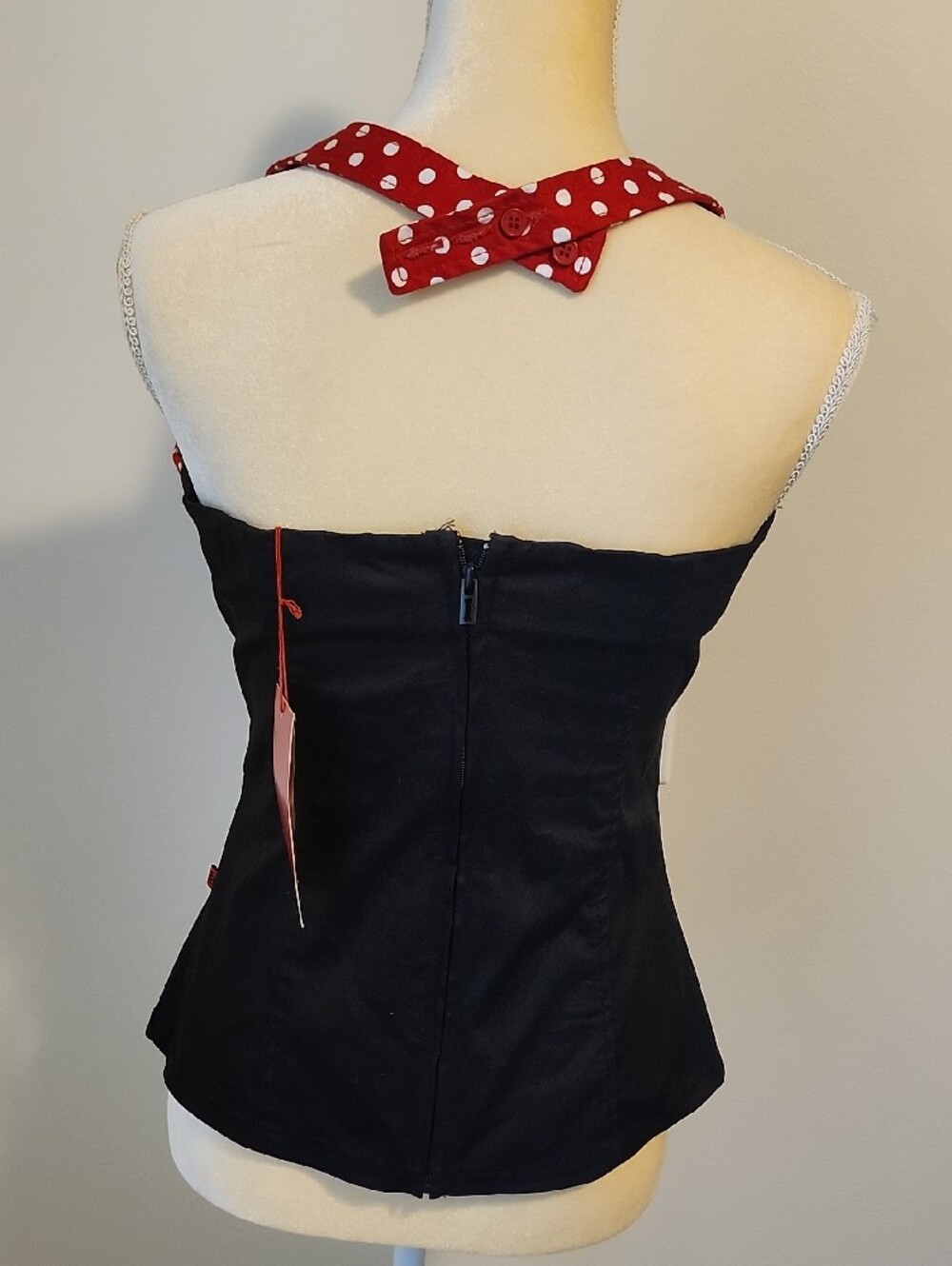 Royal Bones Red Black Polka Dot Pinup Halter Top - Picture 3 of 14